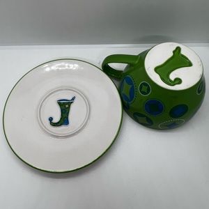 STARBUCKS Holiday 2006 Coffee Cup/Mug and Saucer Set Green Elf Bootie 12 fl oz